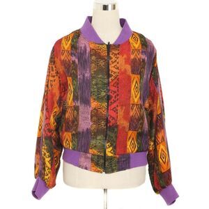 Vintage CAROL HORN WORKSHOP 80s/90s Tribal Patchwork Silk Bomber Jacket Size M